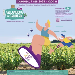 Cartel del Primer Cross Entre Racimos en Villanueva de Campeán, carrera popular de 10 km el domingo 7 de septiembre de 2025 a las 10:00 h, con categorías masculina, femenina y andarines.